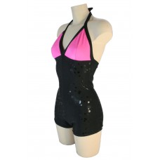 Hand Made Halterneck Play Suit; UV Neon Pink & Black
