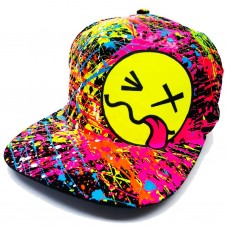 Hand Painted UV Smiley Splatter Flat Peak Cap Black